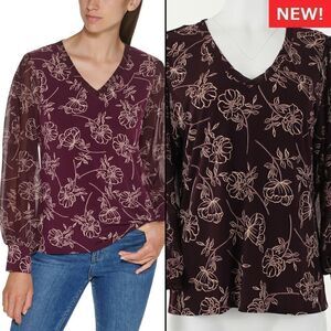 Calvin Klein Floral Print Chiffon Sleeve Blouse